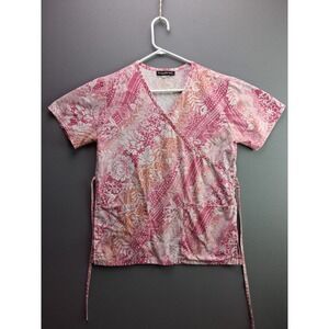 Los Angeles Rose Scrub Top Floral Paisley Pink Orange V-Neck Mock Wrap XL Pocket